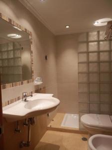 een badkamer met een wastafel, een toilet en een spiegel bij Hotel Restaurante Salvadora in Villena