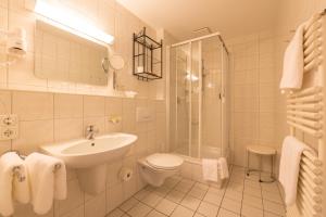 a bathroom with a sink and a toilet and a shower at Hotel Bayernwinkel - Yoga & Ayurveda in Bad Wörishofen