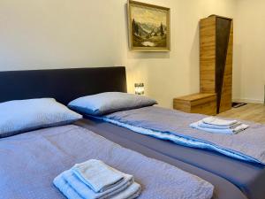 two beds sitting next to each other in a room at NEU Schwarzwald Zimmer am Schlössle Goldstadt Pforzheim in Pforzheim +78 photos