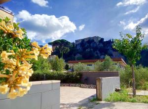 a view of a house with a mountain in the background at La Taverna dei Colori in Laurino