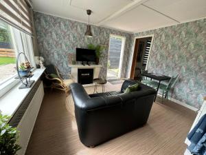 a living room with a leather couch and a tv at Elefteria in Kolhorn
