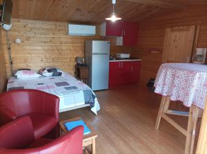 a small room with a bed and a kitchen at KITOKO L'HERAULT gite close to SALAGOU Lake in Clermont-lʼHérault