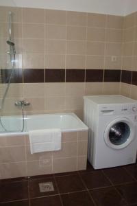 a bathroom with a washing machine and a washer at Market Square Apartment in Budapest