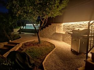 a grill in a garden at night with a tree at Vila Magnolia in Vilanija