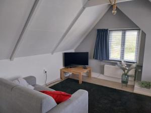 a living room with a couch and a tv at De Posthoorn in Appelscha