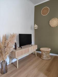 un soggiorno con una TV su un tavolo di legno di Appartement République - Centre historique Perpignan a Perpignano