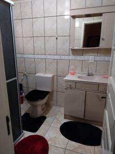a small bathroom with a toilet and a sink at Aconchegante Casa Serrana ao lado da Igreja Matriz in Urubici +23 photos