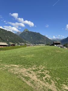 a large grass field with mountains in the background at Le repère du Nant- meublé classé 2 étoiles in Morzine