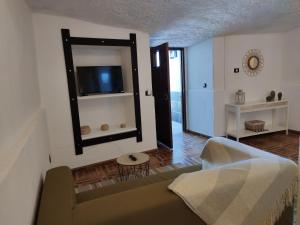 een woonkamer met een bank en een tv bij Casa Cueva Ca Maruca in Gáldar