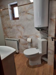 a bathroom with a white toilet and a sink at Костовският хан in Chepelare