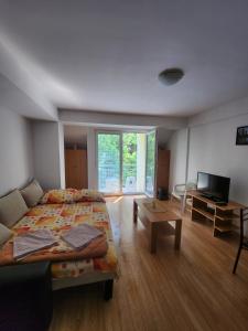 a bedroom with a bed and a living room at Apartment Joco in Ohrid