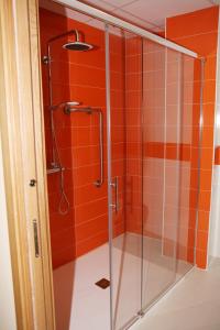 y baño con ducha de cristal y azulejos de color naranja. en Hostal Doña Juana, en Ávila