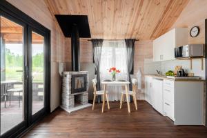 a kitchen and dining room with a table and a fireplace at Forrest Guest House in Ķesterciems