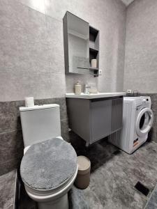 a bathroom with a toilet and a sink and a washing machine at Red building in Tbilisi City +14 photos