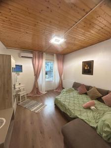 a bedroom with a bed and a desk in it at Panoramic terace Victory boutique in Bucharest