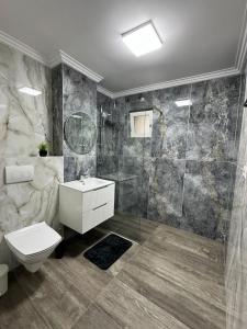 a bathroom with a toilet and a sink and a shower at Karlsburg Apartament in Alba Iulia +19 photos