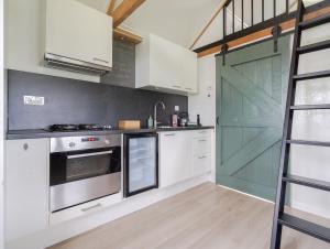 a kitchen with white cabinets and a green door at Wildzicht Cosy Cabins in 't Zand +21 photos