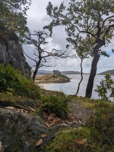 a view of a body of water with trees and a castle at Otter Burn Cabin in Oban +9 photos