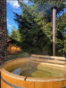 a hot tub in a garden with a fountain at Ferienhaus Starzyska in Osówek