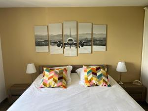 ChériseyGîtes spacieux avec jardin的墙上挂着一架飞机的卧室