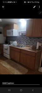 una cucina con mobili in legno e un forno a piano cottura di River cottage a New Port Richey