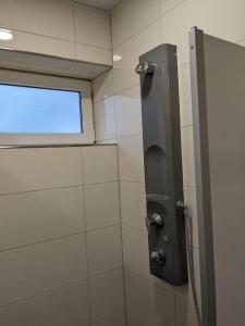 a bathroom with a shower stall with a window at Hausboot Urlaub in Ostfriesland auf der Waterhome 1 in Großefehn 