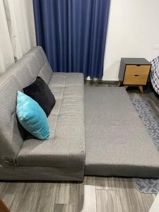 トルーカにあるThe Nestのリビングルーム(ソファ、青い枕付)