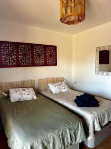 two twin beds in a bedroom with a chandelier at Cabaña Amida in Lajares +32 photos