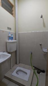 a bathroom with a toilet and a green hose at DHIA Homestay Gurun in Kampung Gurun
