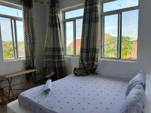 a bed in a room with windows and a bed with a mattressitures at Mbuyuni Lodge Nungwi in Nungwi