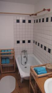 a bathroom with a bath tub in a room at Chalupa Pod Skalou II. in Paseky nad Jizerou