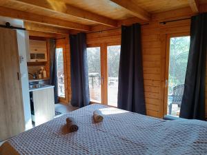 a bedroom with a bed in a log cabin at Escapade sous les pins 20m2 in Aurons