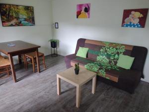 a living room with a couch and a table at Trekkershut Isidorus in Winterberg