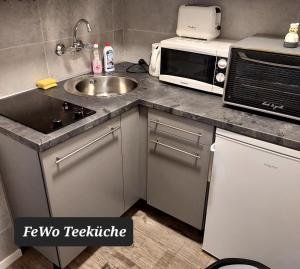 a kitchen with a sink and a microwave at Landgasthof "Hotel zum Norden" in Jagel