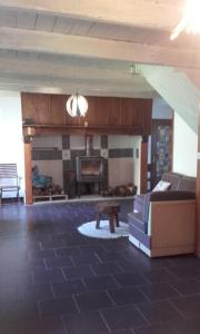 a living room with a couch and a fireplace at Gite Lacroix Barrez in Lacroix-Barrez
