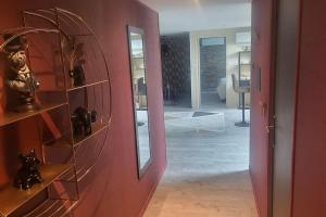 a living room with a mirror and a red door at Logement Cosy type Loft près de Saint Quentin in Marcy