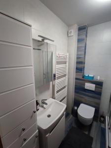biała łazienka z umywalką i toaletą w obiekcie Apartman Bulevar, Sarajevo w Sarajewie +11 zdjęć