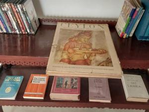 un livre sur une étagère avec des livres dans l'établissement The Birds Rest, à Sri Jayewardenepura Kotte