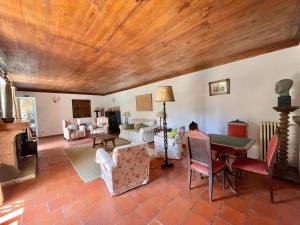 a living room filled with furniture and a wooden ceiling at Quinta de Bóco in Arouca