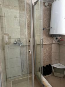 a shower with a glass door and a toilet at Bajam Apartments in Ohrid