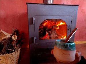 a fireplace with a person holding a drink in front of it at Tierra Caracol - Casa de Campo Ecológica in Trevelin