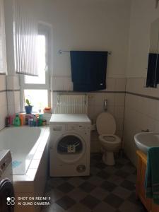 ein Badezimmer mit Waschmaschine und Toilette in der Unterkunft Zimmer in Gostenhof Nürnberg in Nürnberg