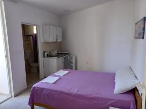 a small room with a purple bed and a kitchen at Villa MARINA CANJ 2 in Čanj