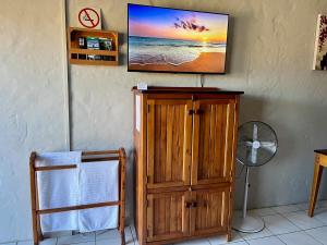 a tv on a wall with a wooden cabinet at Green Hollow Self catering in Knysna