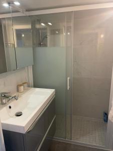a bathroom with a sink and a shower with a glass door at Maison entre culture et détente in La Celle-Saint-Cloud +9 photos
