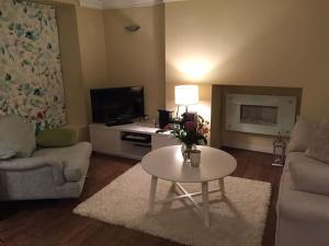 a living room with a table and a tv at One bed flat close to Exeter centre in Exeter