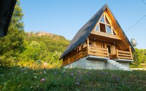 a cabin with a thatched roof in a field of flowers at Etno House Markovic in Kolašin