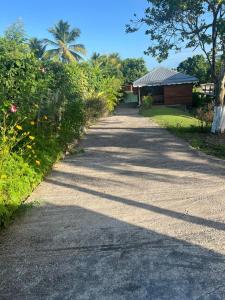 a dirt road with a building and trees and bushes at Les Alpinias in Sainte-Anne