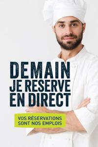 a man wearing a chefs hat standing in front of a sign at KYRIAD ORANGE Centre Ville - HOTEL RESTAURANT BAR - Galerie d'Art des Princes - Provence Alpes Côte'Azur - France - AUTOROUTE A7-A9 - exit21- Châteauneuf-du-Pape Avignon Bollene Nimes Valence - Terrasse - Repas - Petit Déjeuner in Orange