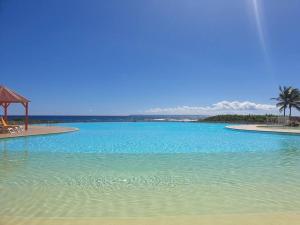 a large pool of water with a gazebo and palm trees at LA VIDA LOCA - Anse des Rochers in Saint-François
